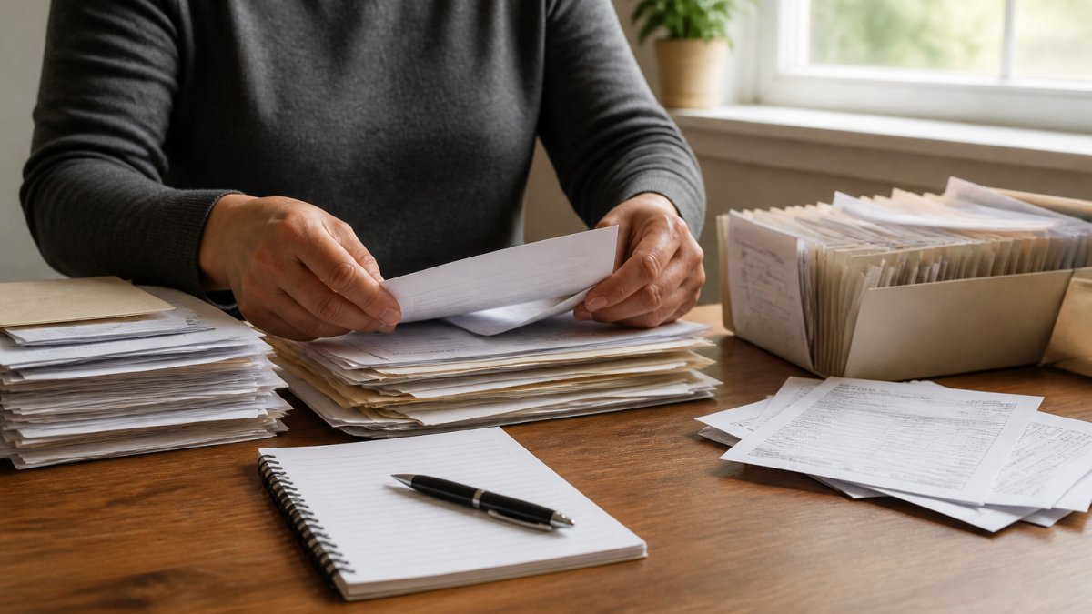 A person's hands organizing medical records, bills, and documents on a desk with a pen and notepad, natural office lighting from a window nearby