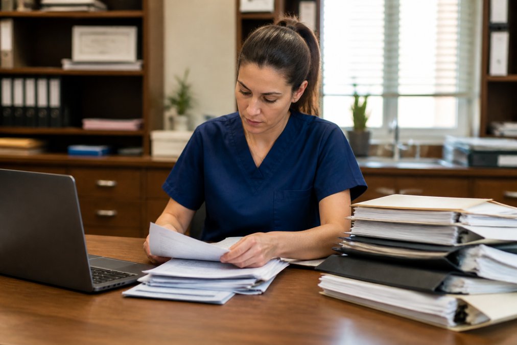 Healthcare provider organizing medical records to prepare an appeal denied insurance claims document.