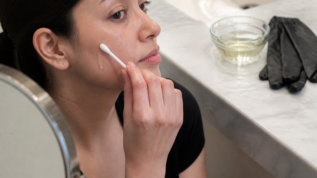 Hand using a cotton applicator to apply a tca peel safely to the cheek with supplies on a counter