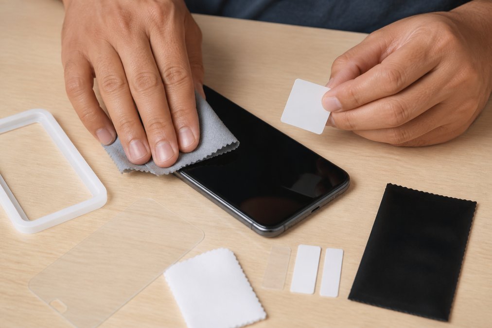 Close-up of hands using a microfibre cloth and dust removal sticker to clean a smartphone screen before applying a tempered glass protector, on a clean, well-lit desk