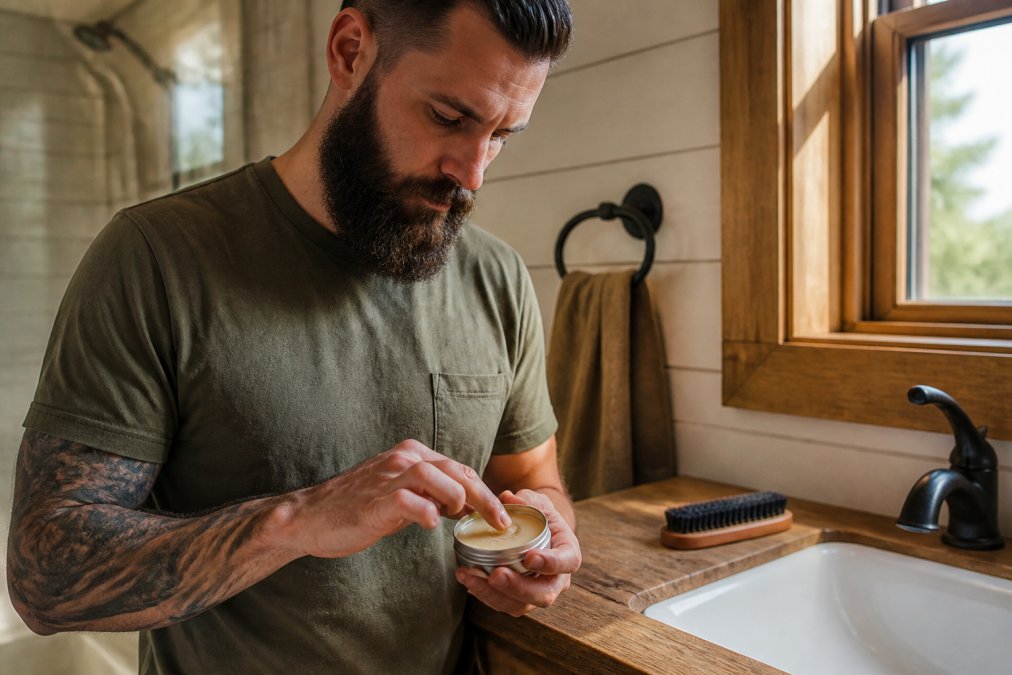 Man scooping a small amount of beard balm from a tin to apply beard balm in a sunlit bathroom