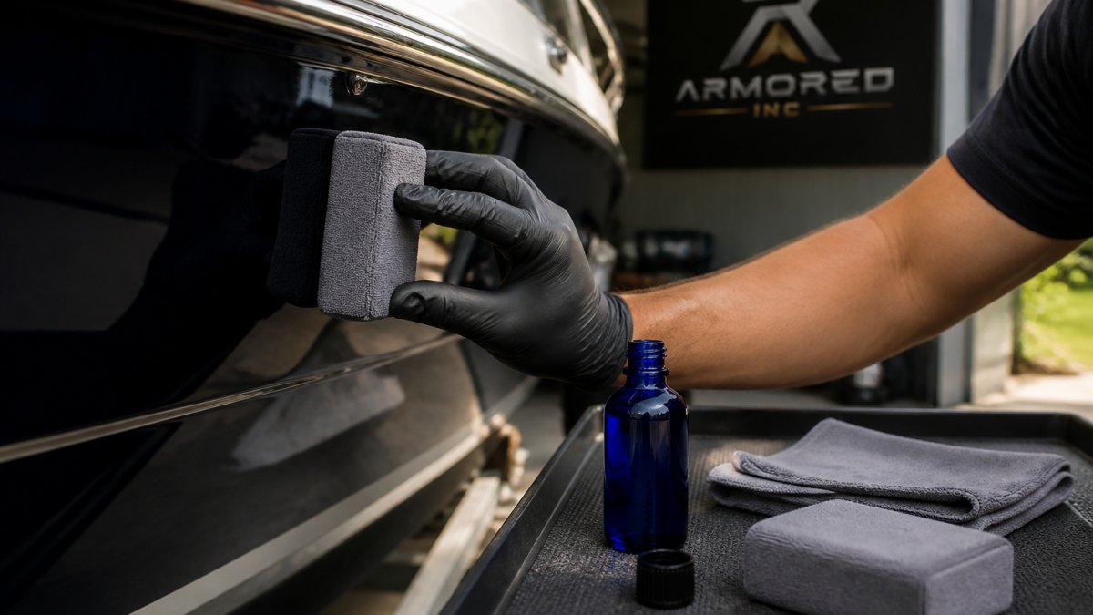 Close-up of a person wearing nitrile gloves applying ceramic coating to a boat hull with a suede applicator block in a shaded outdoor setting