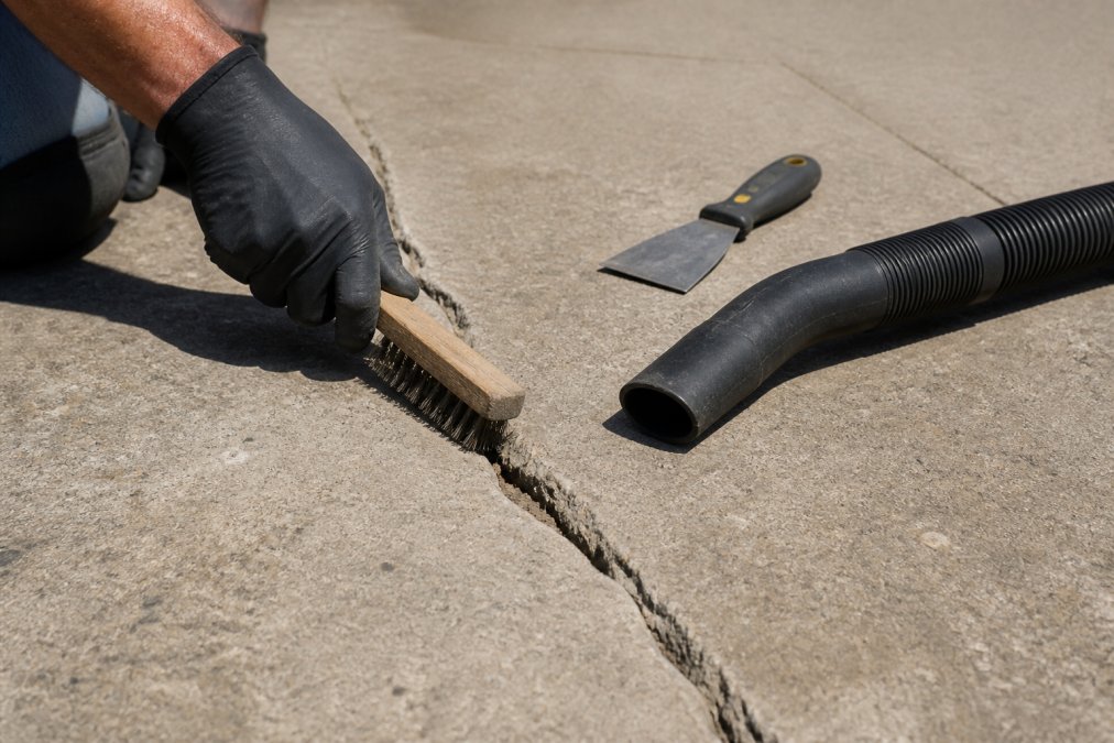 Close-up of a gloved hand using a wire brush to clean debris from a narrow crack in a concrete driveway, with a putty knife and shop vacuum nozzle resting nearby on the sunlit concrete