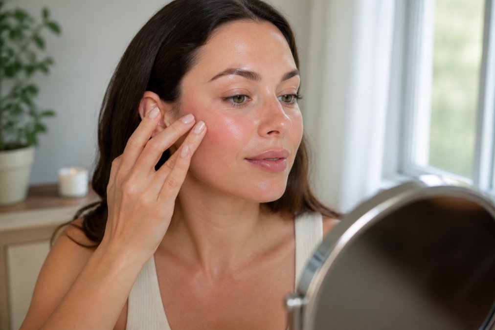 Woman demonstrating cream blush application on cheekbones with fingertips, showing proper placement and blending technique for natural flushed look in bright natural lighting