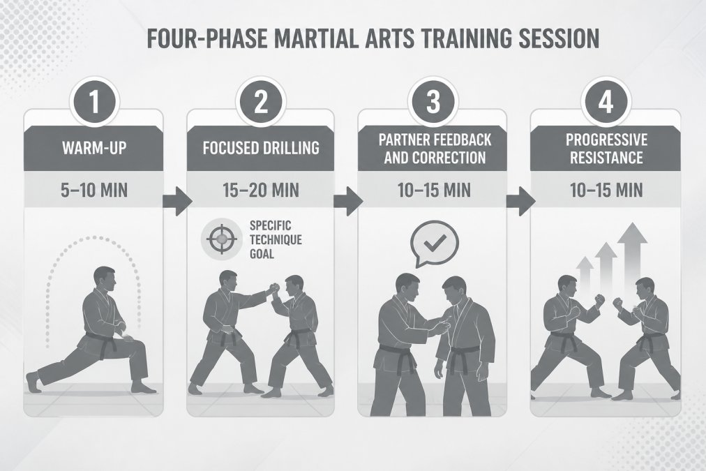 Four-phase martial arts training plan flowchart for how to apply deliberate practice to martial arts sessions.