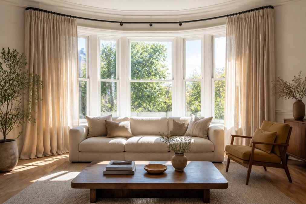 A bright living room with a large bay window as the focal point, flanked by floor-length linen curtains, a neutral low-profile sofa, and a single accent chair angled toward the view, morning light across oak floors