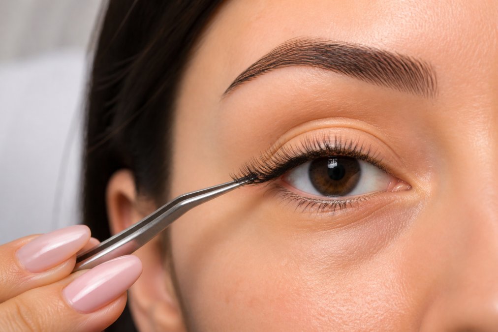 Close-up of a person's eye with lash clusters being applied using precision tweezers, showing careful placement under the natural lash line in bright bathroom lighting