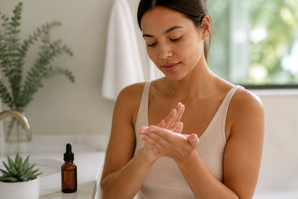 Close-up of a woman with clear skin warming two drops of facial oil between her palms, soft natural window light, minimal bathroom counter with an amber glass dropper bottle nearby