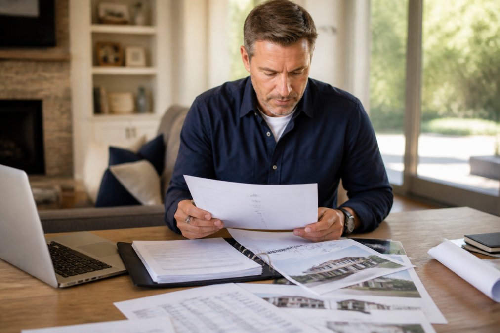 Real estate investor reviewing property documents, purchase agreement, and contractor estimates spread across a desk with a laptop and folder, natural office lighting from window