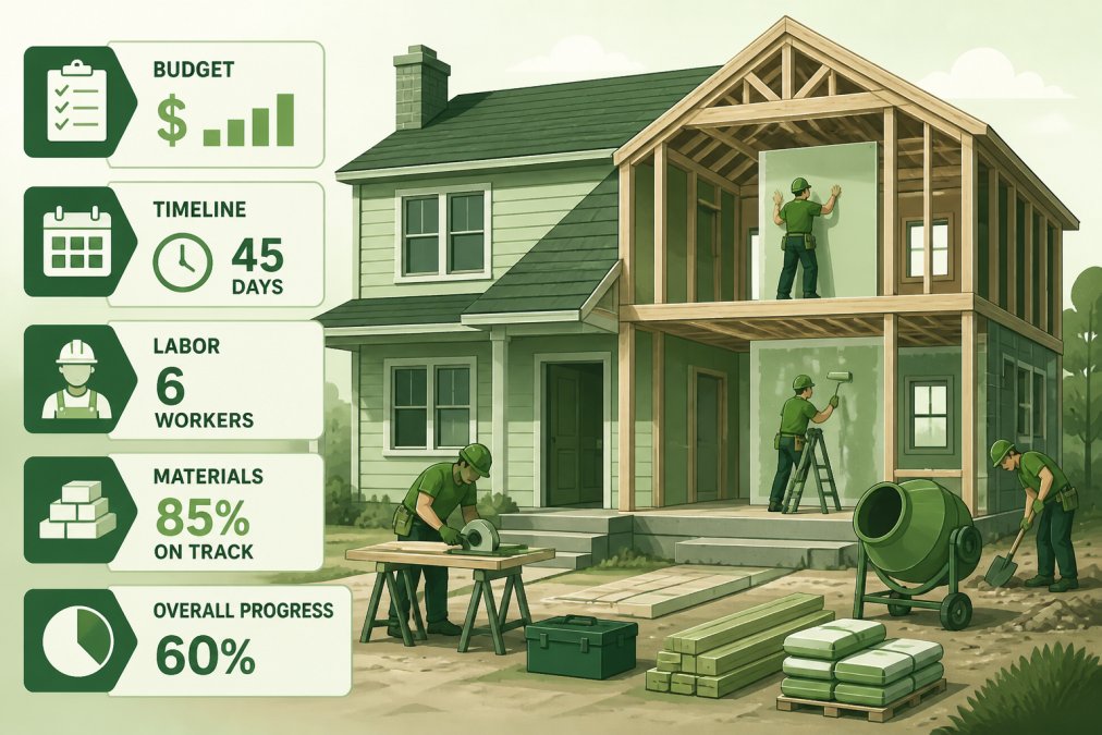 Active residential construction site with workers installing materials, renovation equipment visible, property showing structural work in progress, natural daylight