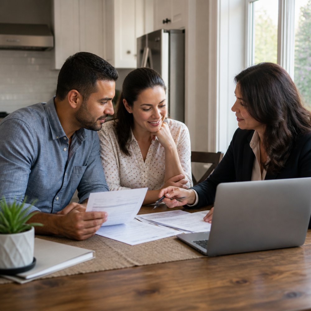 A first-time homebuyer couple reviewing paperwork with a real estate agent at a kitchen table, laptop open, bright natural light