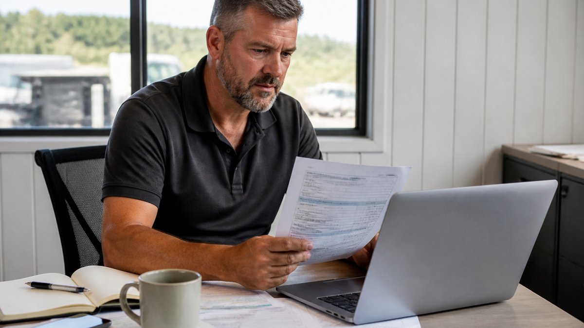 A fleet manager at a desk reviewing fuel card application documents on a laptop, with vehicle registration papers and a coffee cup nearby in a bright office