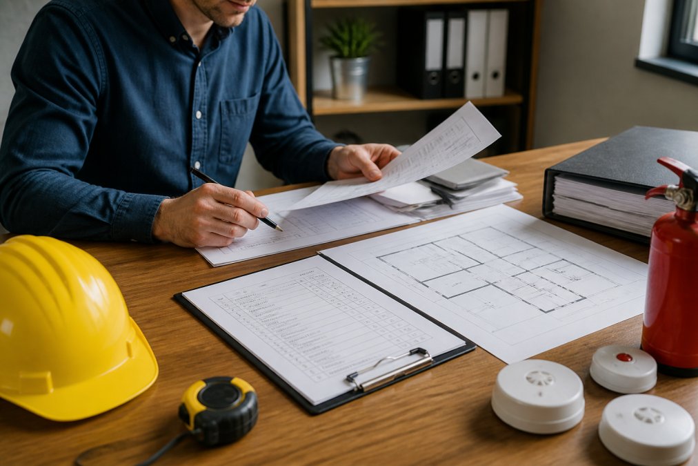 Property manager reviewing HMO building standards checklist and safety documentation at desk with architectural plans and inspection reports