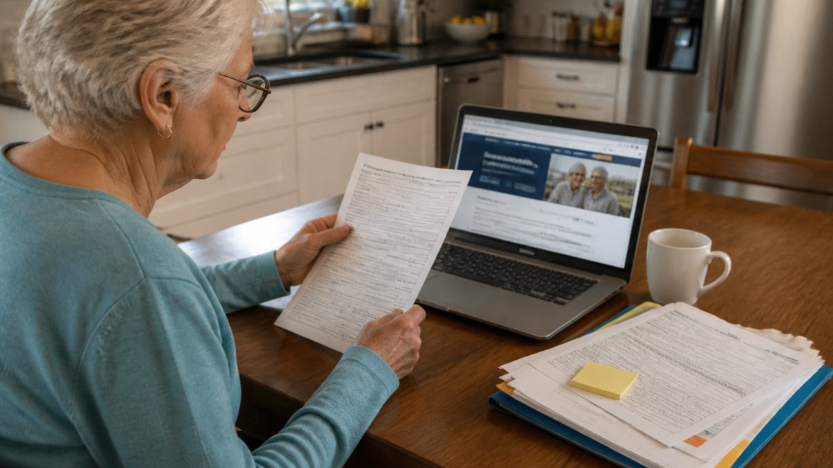 Process diagram showing an older adult completing the Medicare Extra Help application online and on paper.