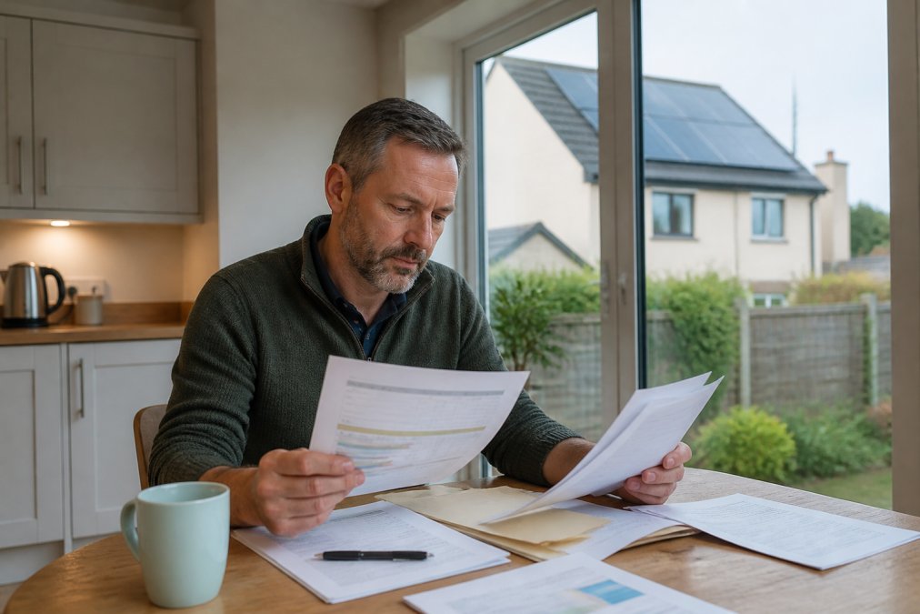 Flowchart outlining the application process for Scottish solar panel grants with a homeowner reviewing home energy data.