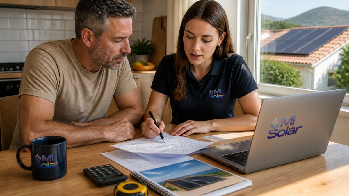A homeowner and a solar consultant reviewing paperwork and a laptop at a kitchen table, with solar panels visible through the window in bright daylight
