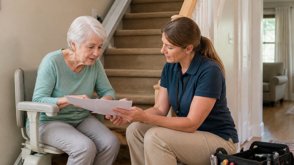 Older adult in home speaking with occupational therapist near staircase, reviewing documents and discussing accessibility needs, natural home lighting