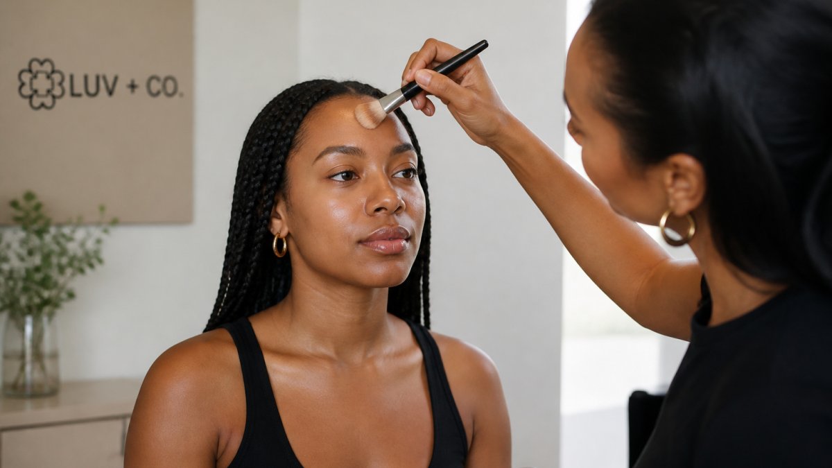 Professional demonstrating how to apply foundation with a brush using gentle downward strokes on the forehead, showing proper hand positioning and light pressure technique