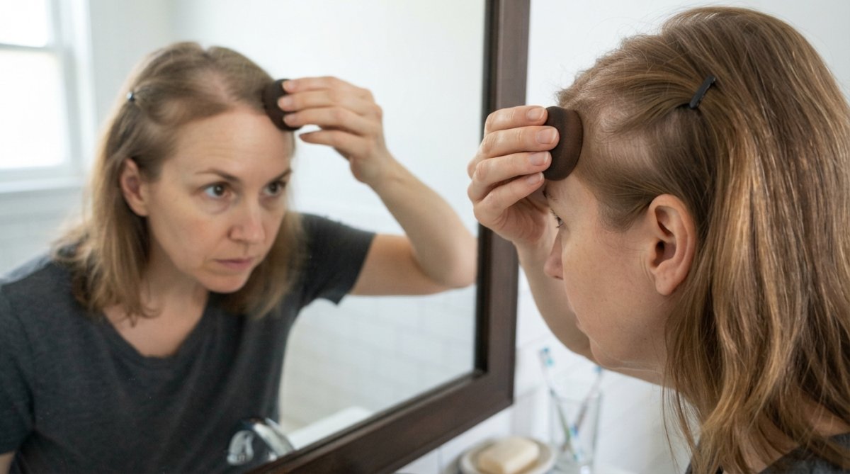 Close-up of a woman's hand applying hairline powder to her scalp with a sponge applicator at her hairline, showing the contrast between the powder and her thinning hair in a well-lit bathroom mirror