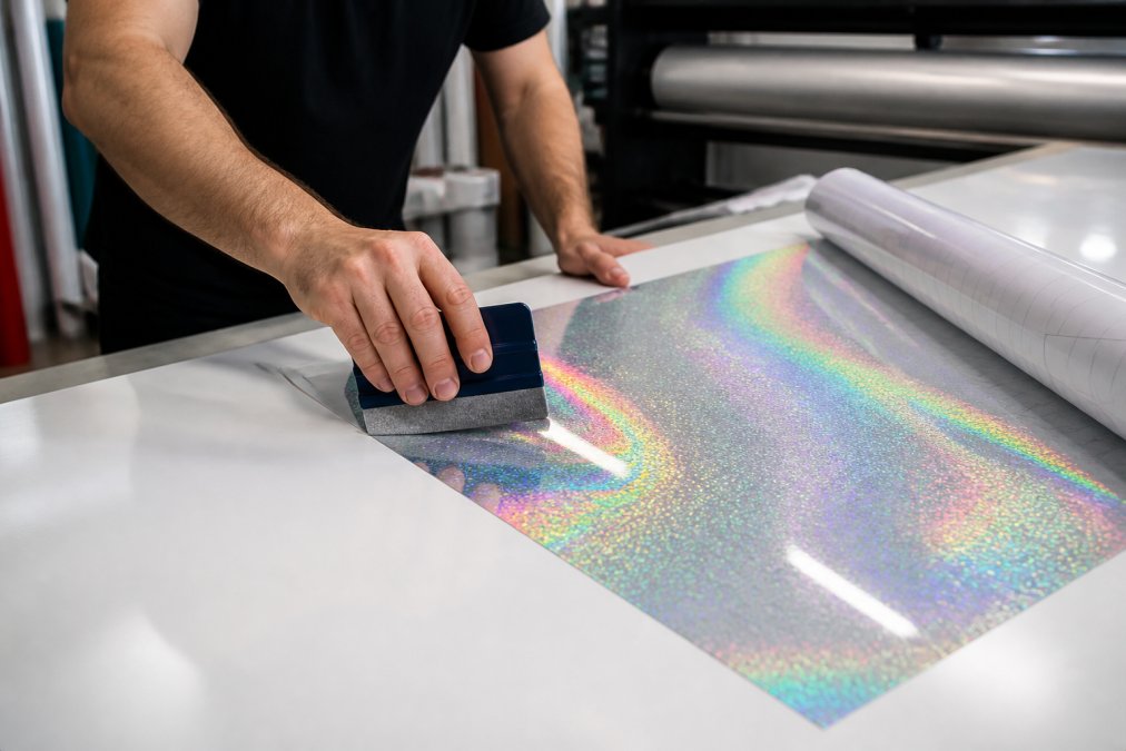 Professional demonstrating proper squeegee technique while applying holographic vinyl to a clean white surface, showing correct hand angle and pressure application