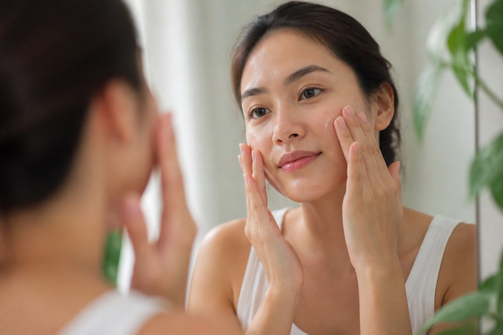 Close-up of hands applying hydrating serum with fingertips using gentle pressing motions on clean, damp facial skin with soft natural lighting