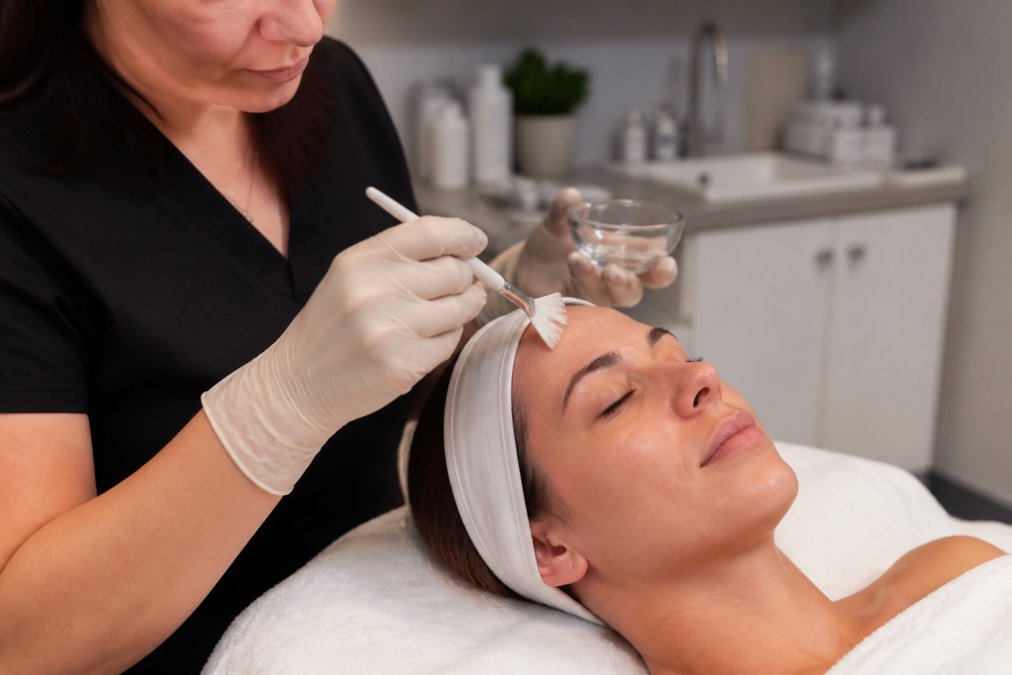 Professional demonstrating how to apply lactic acid peel with application brush to clean facial skin, showing proper brush technique and even coverage on forehead and cheeks in well-lit clinical setting
