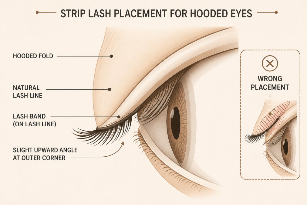 Diagram of a hooded eye in cross-section: natural lash line at the base, hooded fold labelled above it, lash band placed on the lash line with a slight upward angle at the outer corner, and a marked "wrong placement" zone above the fold