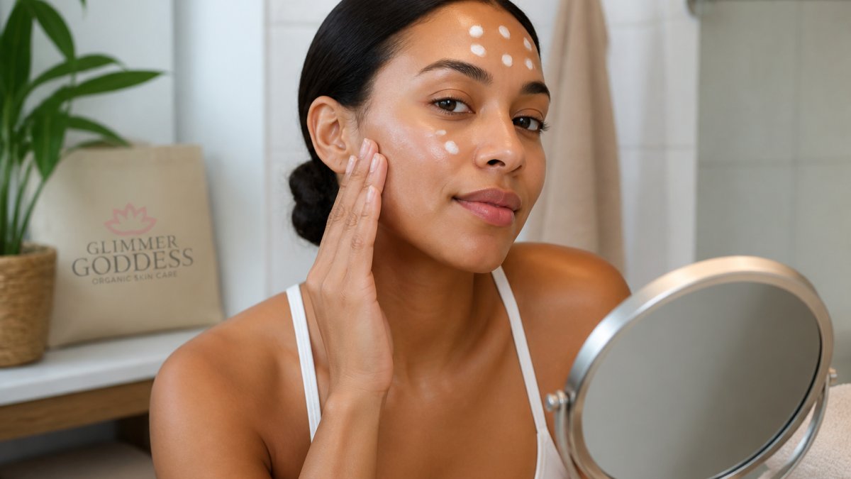 Close-up of a woman with medium-brown skin patting small dots of white mineral sunscreen onto her cheek and forehead in a bright bathroom, one section blended smooth while the rest is being applied