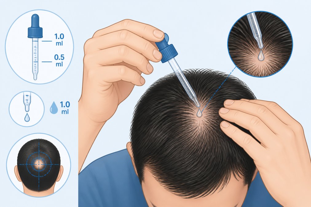 Close-up of hands using a graduated dropper to apply minoxidil liquid directly to exposed scalp, showing proper dropper positioning and application technique to the crown area with towel-dried hair visible
