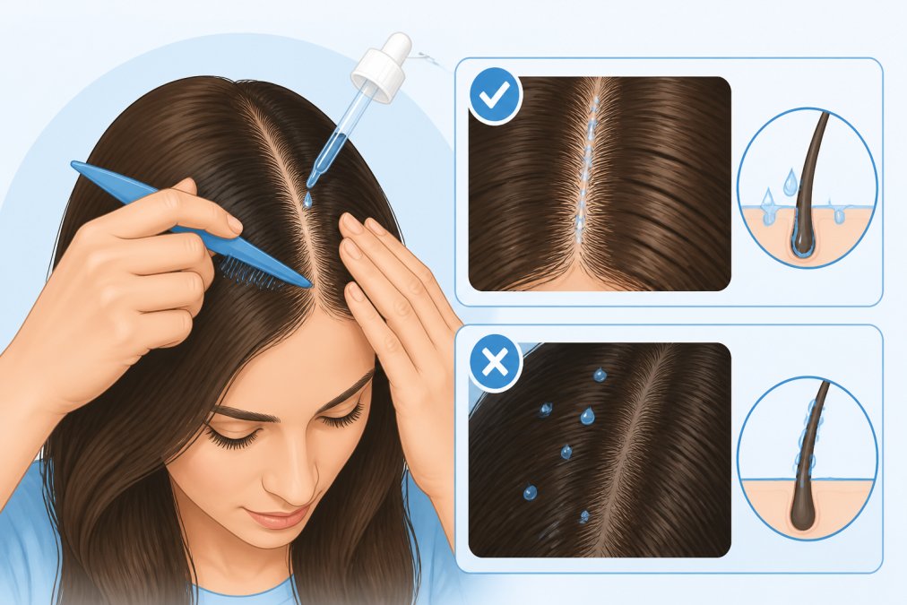 Person with long hair demonstrating proper scalp parting technique using a fine-tooth comb to expose the scalp, showing how to ensure minoxidil reaches skin rather than coating the hair shaft