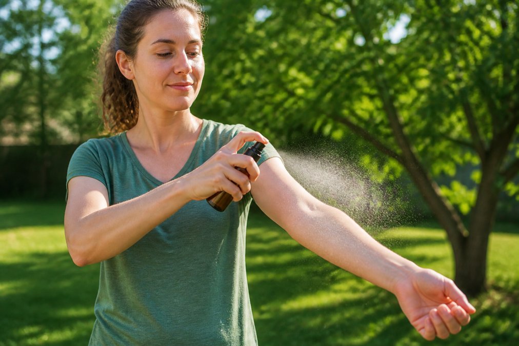 A person holding a natural bug spray bottle at arm's length, spraying a fine mist onto their exposed forearm in a sweeping motion while standing in a sunlit backyard with trees in the background