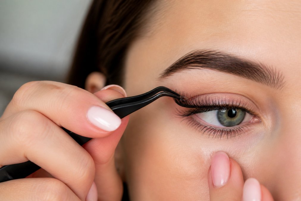 Close-up of hands using precision tweezers to position a lash cluster along the natural lash line with careful upward motion, demonstrating proper placement technique in natural lighting