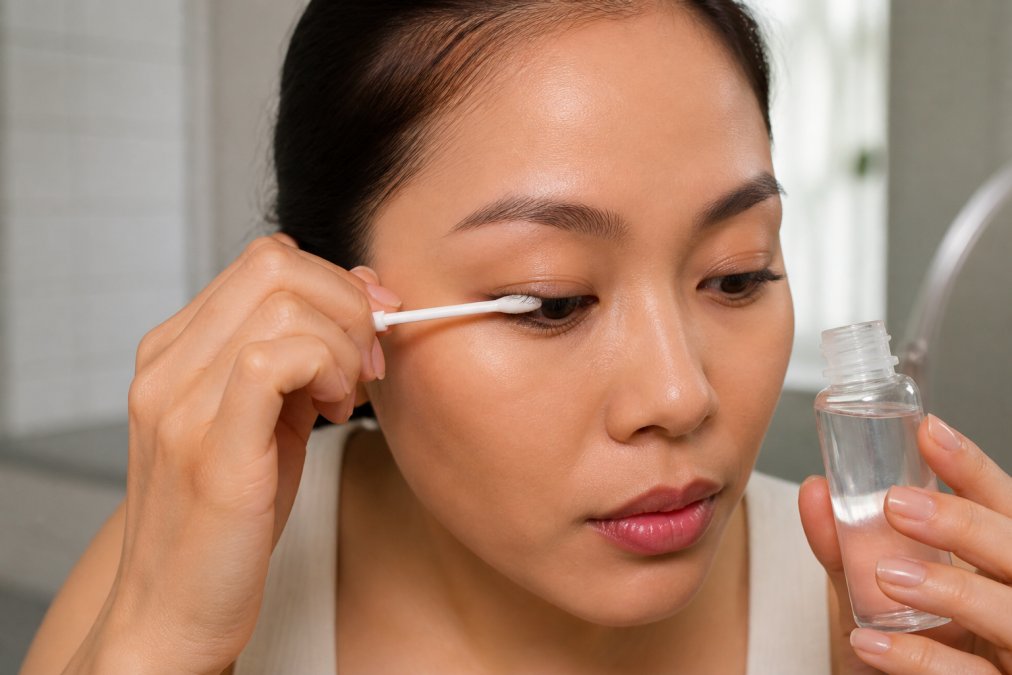 Person gently removing press-on lash clusters using an oil-free makeup remover and soft applicator tool, showing careful hand positioning and downward motion technique