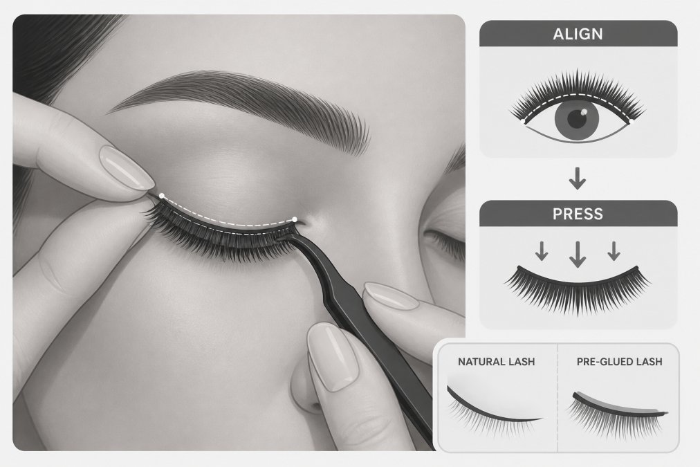 Woman's hands carefully positioning a pre-glued lash strip along her natural eyelid using a curved applicator tool, showing precise alignment with the lash line in bright natural lighting