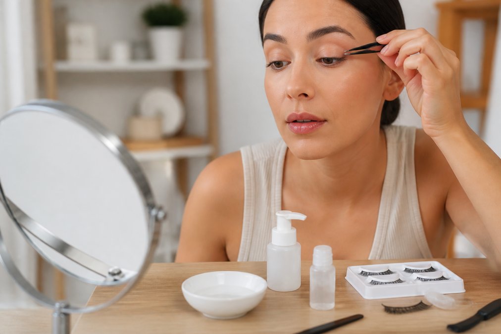 Woman gently removing a press-on lash strip from her eyelid using a curved applicator tool, demonstrating safe removal technique with moisture applied to the eyelid