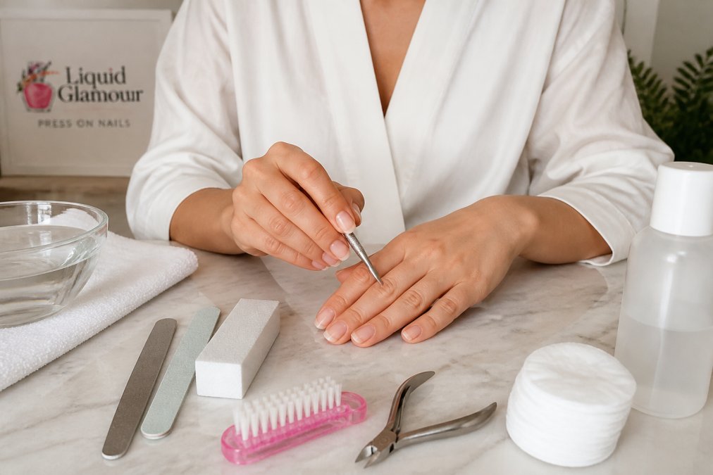Person using a cuticle pusher and buffer to prep natural nails for press-on nails on a clean bathroom counter