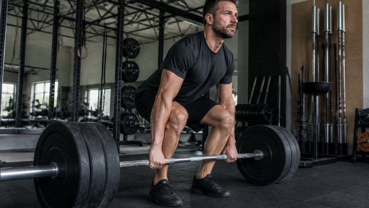 Athlete in modern gym performing barbell deadlift with proper form, hands gripping bar, neutral spine, controlled posture showing muscular engagement