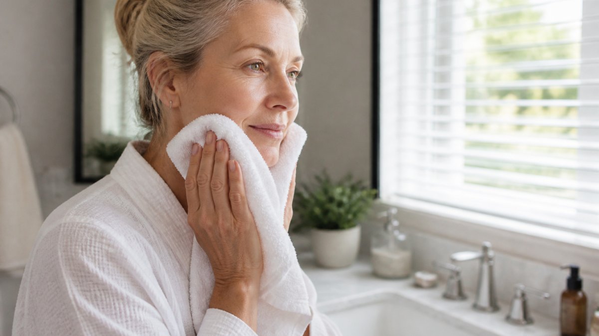 Woman in her 50s gently patting her face dry with a soft towel at a bathroom vanity in natural light