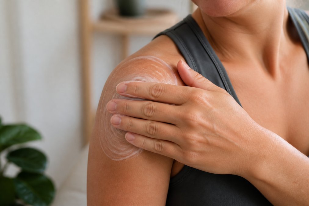 Close-up of hands applying a topical cream to a shoulder with gentle circular massage motions, showing proper technique on skin with natural lighting