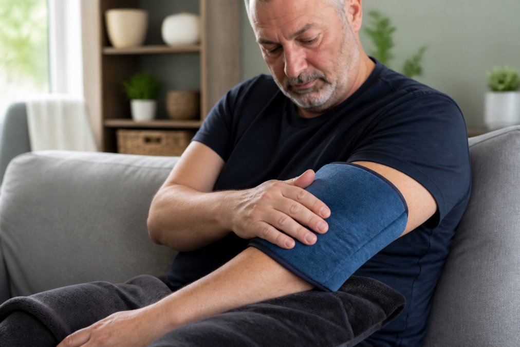 Person with a warm compress or heating pad gently applied over a treated arm area, demonstrating proper occlusive technique with natural indoor lighting