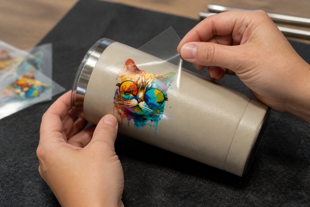 Close-up of hands carefully peeling back transfer film from a UV DTF decal while positioning it on a tumbler surface, showing proper 45-degree angle and alignment technique with natural workshop lighting