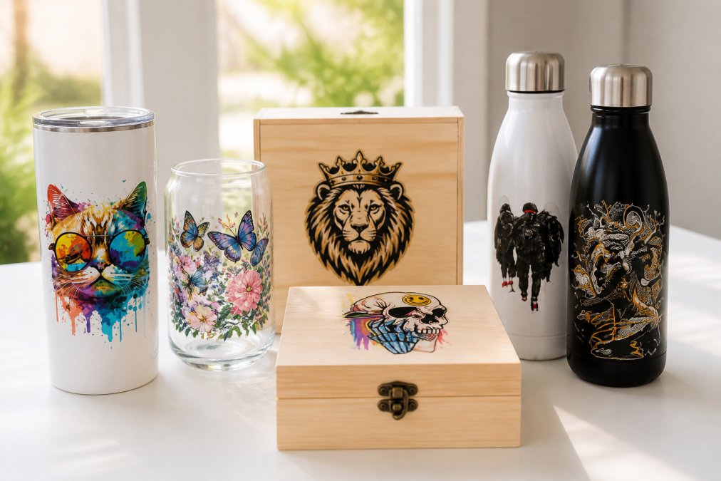Arranged collection of finished products displaying UV DTF decals: personalised ceramic tumblers with vibrant designs, clear glass cups with custom artwork, wooden boxes with branded logos, and metallic water bottles with detailed graphics, all displayed on a white surface with natural window lighting