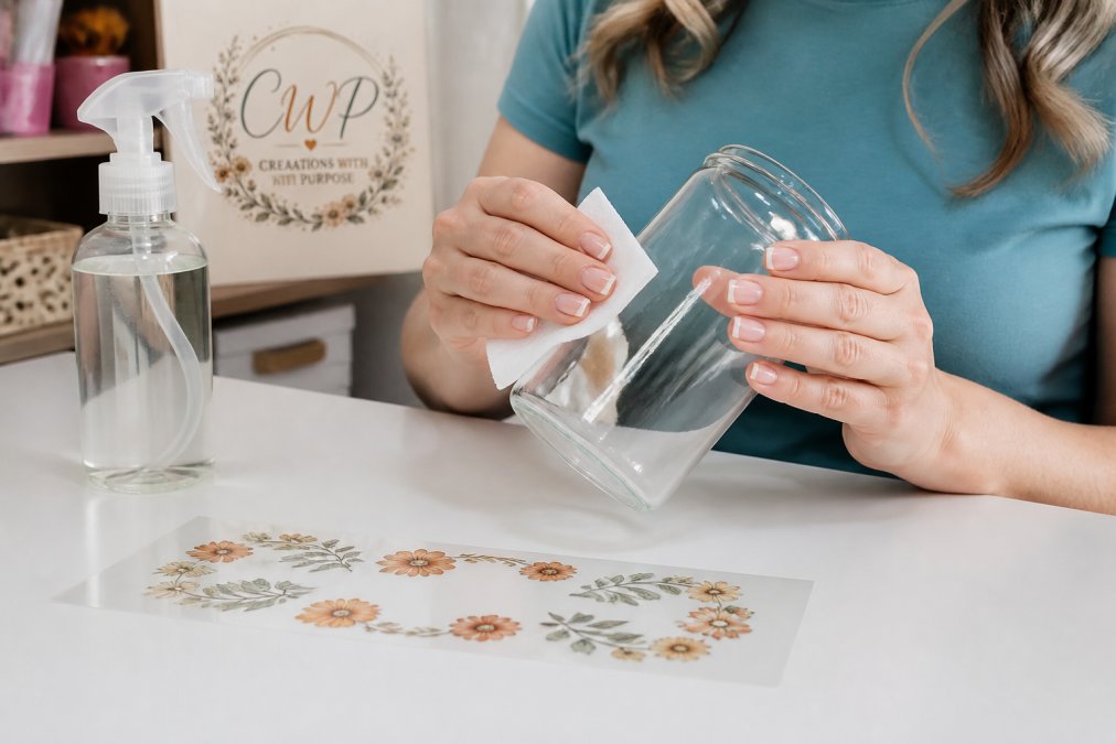 Step 1 guide showing how to clean a glass tumbler with alcohol before you apply uv dtf wraps to the surface.