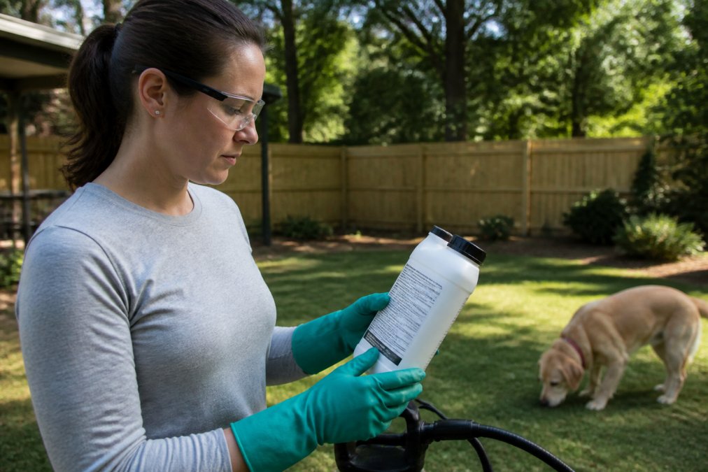 Person wearing protective gloves and long sleeves while carefully reading the safety label on a yard repellent container before application, with the label clearly visible in natural outdoor lighting
