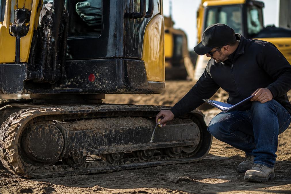 Professional inspector examining mini excavator undercarriage with measuring tools and clipboard, natural daylight on construction site
