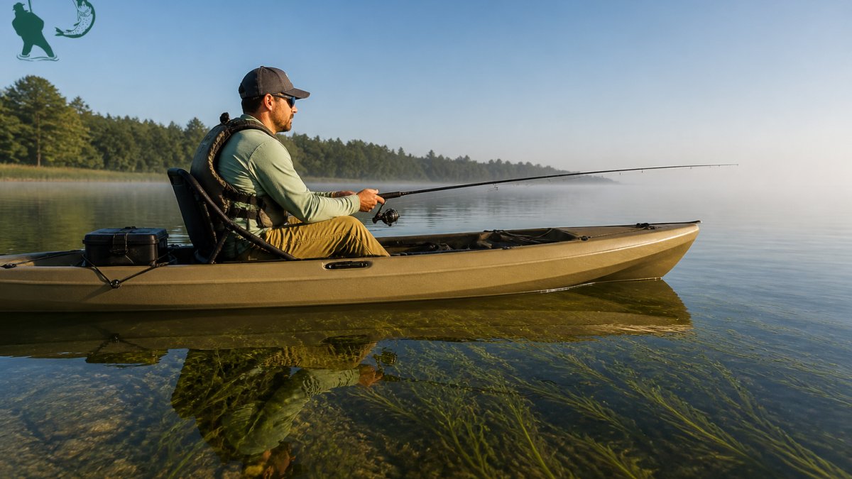 An angler in a sit-on-top kayak gliding quietly across a clear, shallow lake with visible submerged vegetation, holding a fishing rod low and parallel to the water, soft morning light, no wake behind the kayak