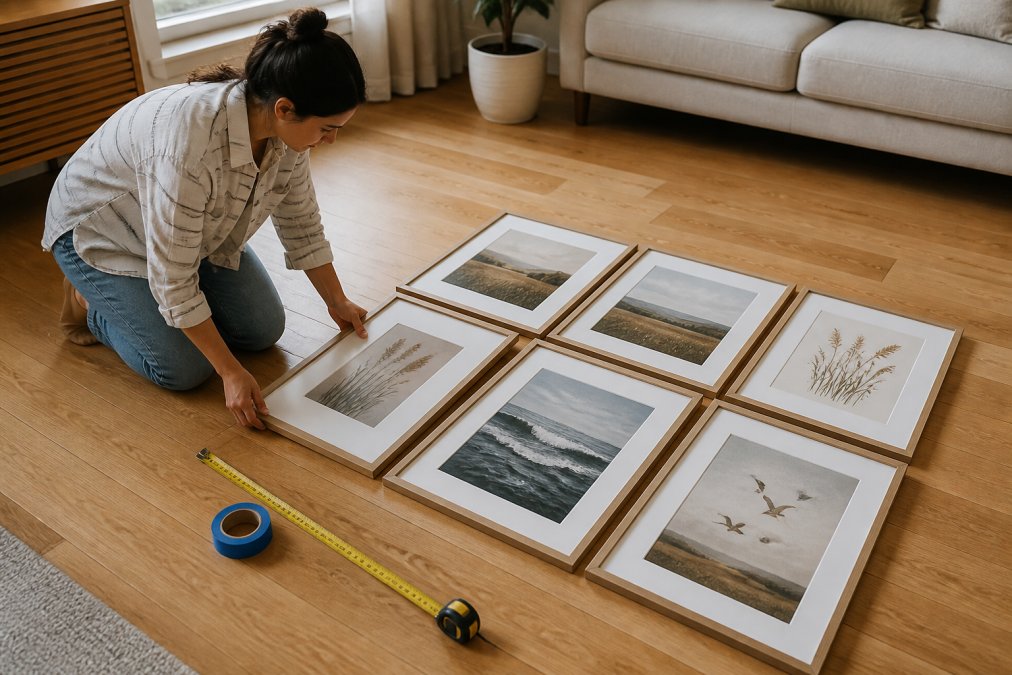 A person kneeling on a light wood floor in a bright living room, arranging six framed art prints in a loose grid pattern beside a measuring tape and a roll of painter's tape