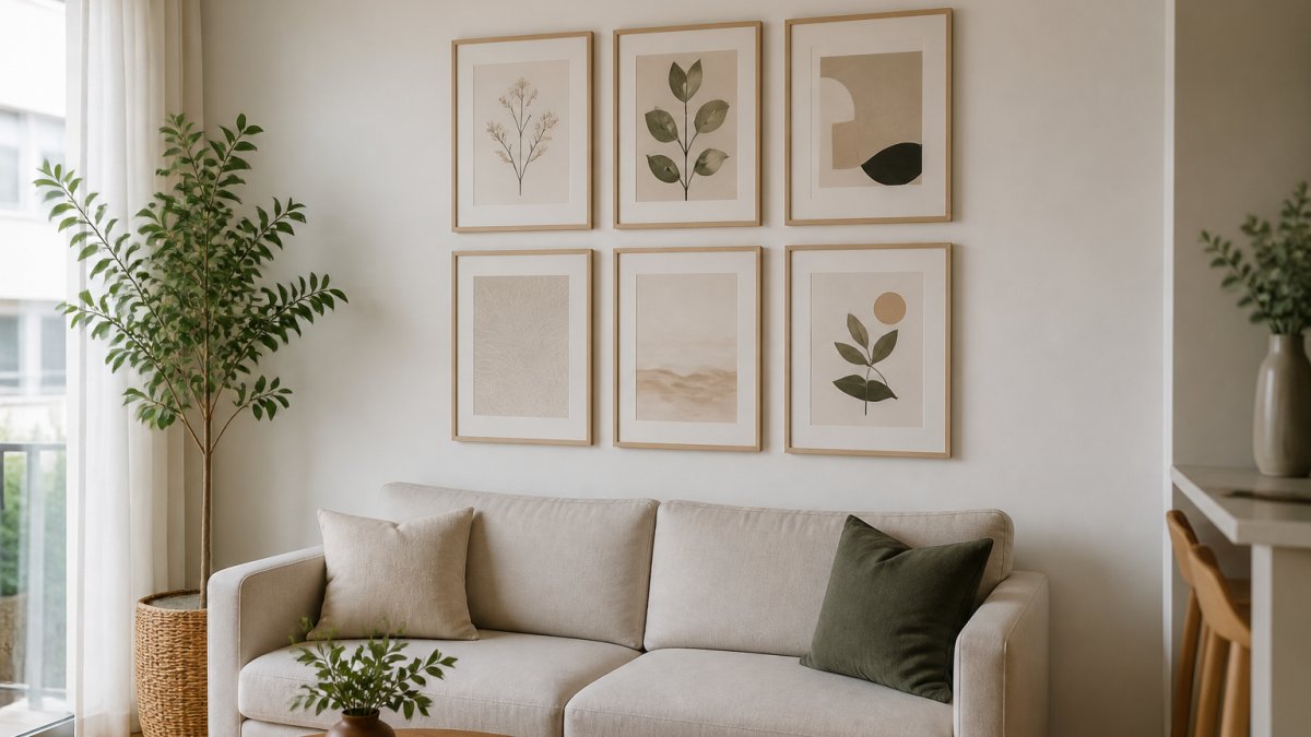 Six minimalist framed prints arranged on a wall above a compact sofa in a sunlit apartment living room