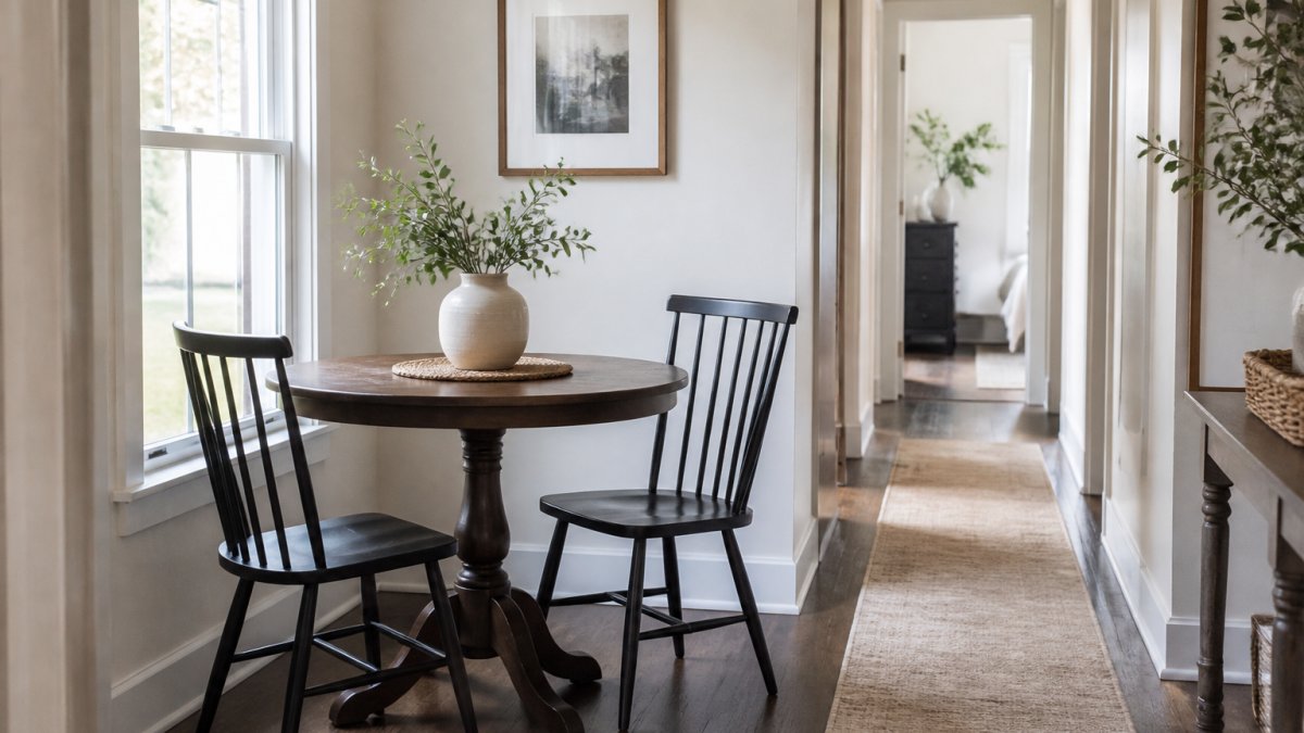 A bright, compact dining nook with a round pedestal table, two slim open-back chairs, and a clear walkway behind the seating, with natural light from a nearby window