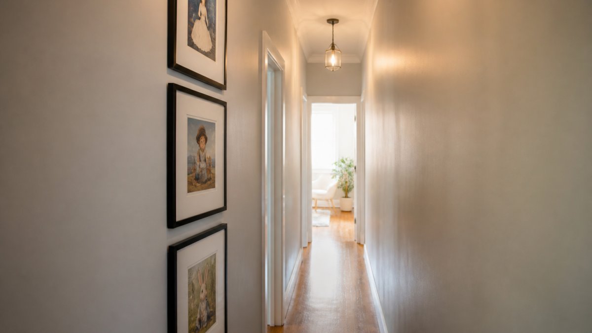 Diagram illustrating vertical art placement with balanced spacing to create visual depth in a narrow corridor.